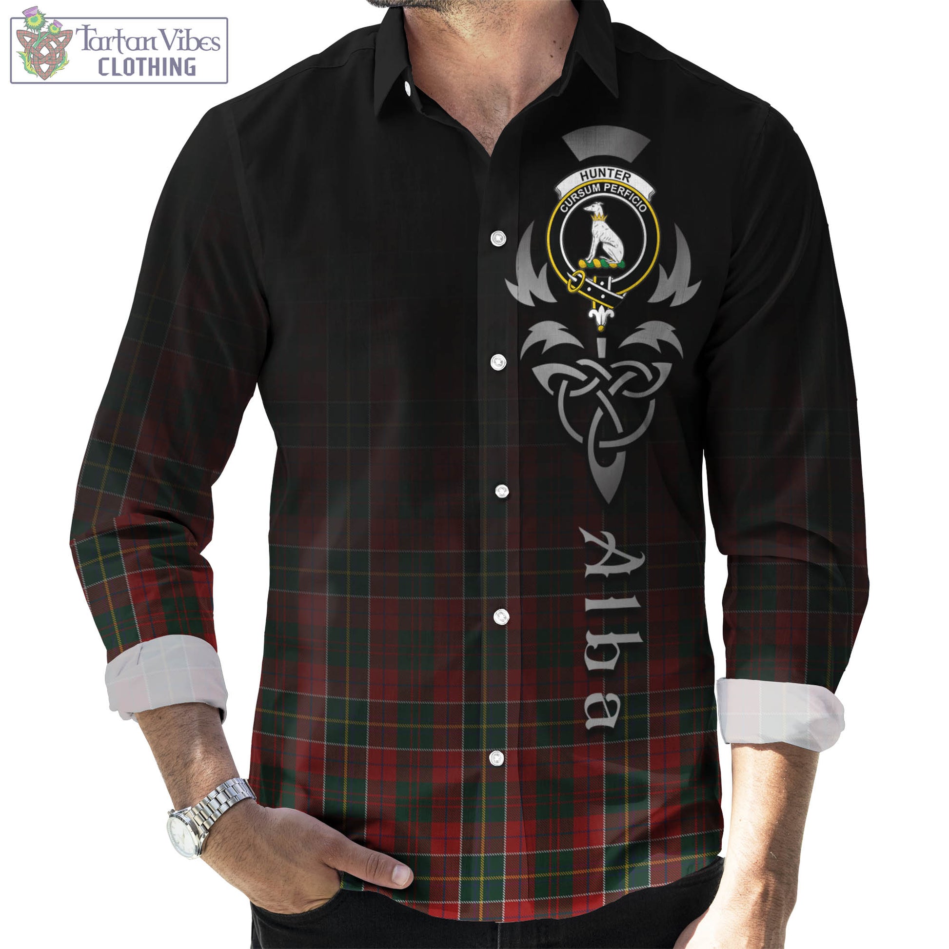 Tartan Vibes Clothing Hunter USA Tartan Long Sleeve Button Up Featuring Alba Gu Brath Family Crest Celtic Inspired