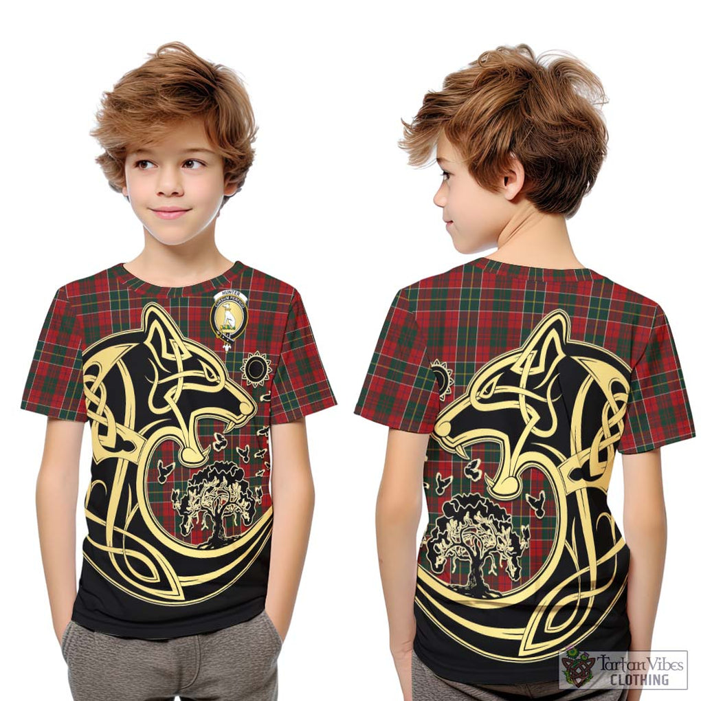 Hunter USA Tartan Kid T-Shirt with Family Crest Celtic Wolf Style Youth XL Size14 - Tartan Vibes Clothing