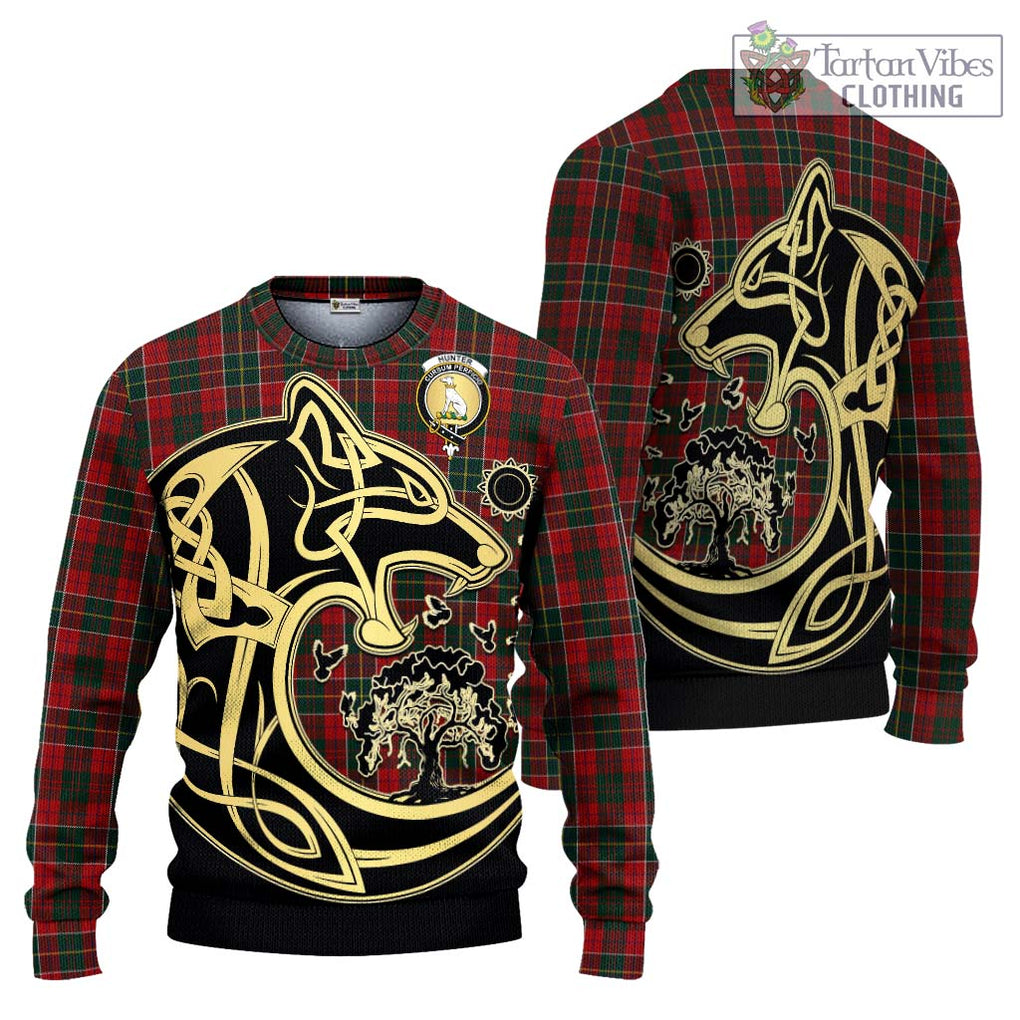 Hunter USA Tartan Knitted Sweater with Family Crest Celtic Wolf Style Unisex - Tartan Vibes Clothing