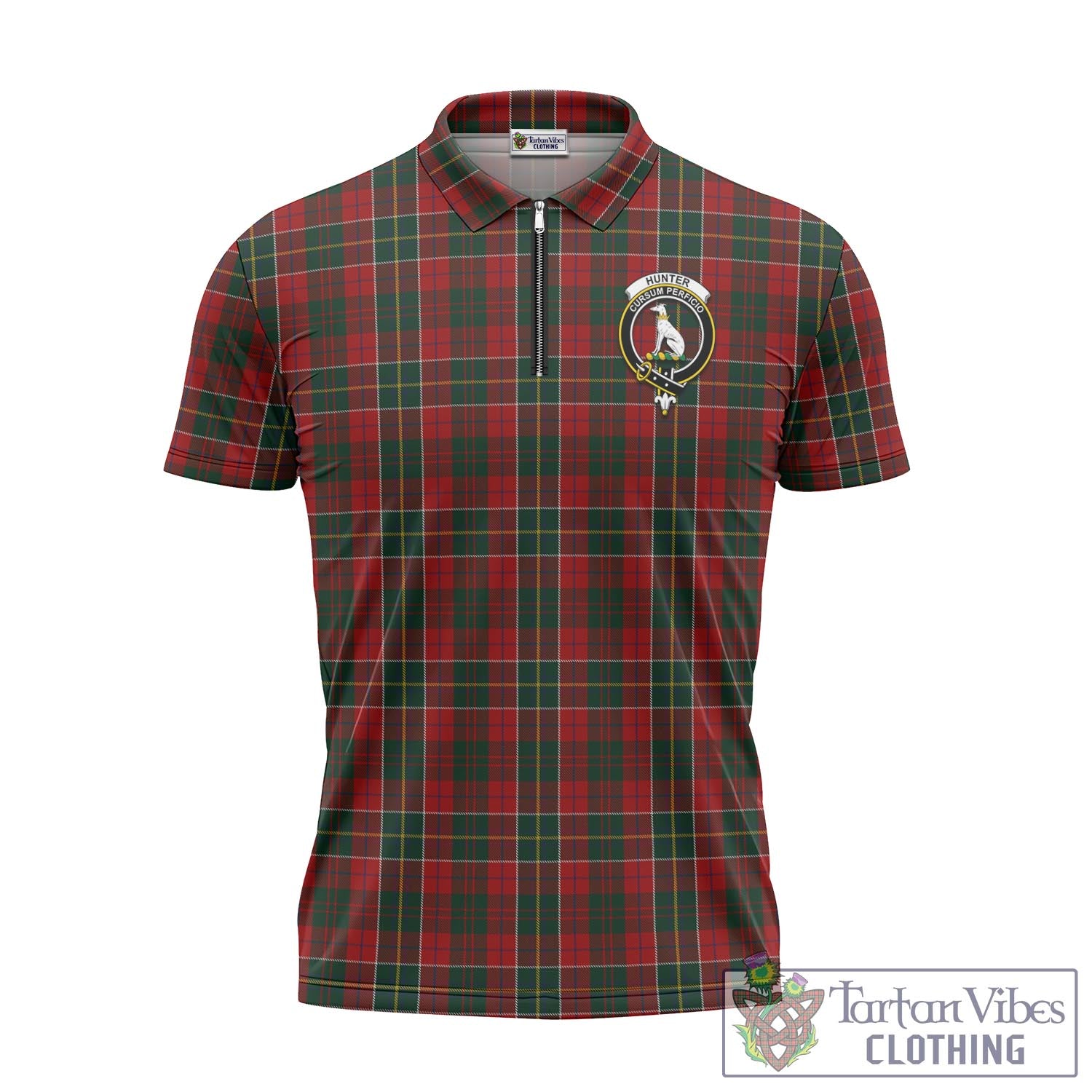 Tartan Vibes Clothing Hunter USA Tartan Zipper Polo Shirt with Family Crest