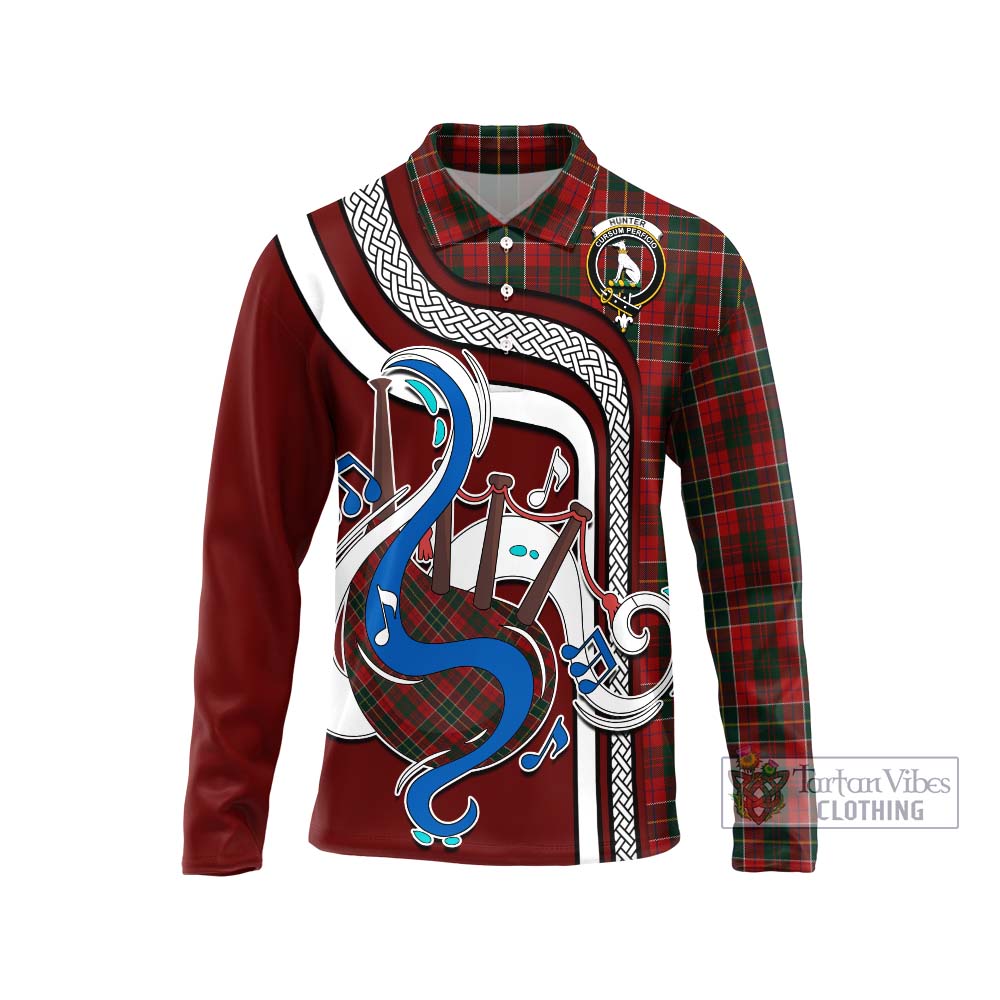 Tartan Vibes Clothing Hunter USA Tartan Long Sleeve Polo Shirt with Epic Bagpipe Style