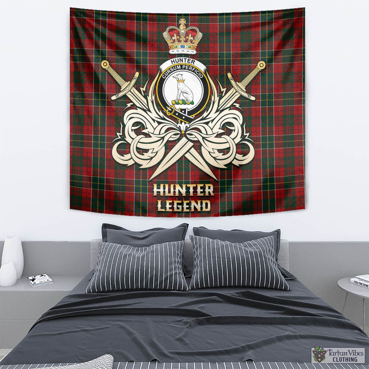 Tartan Vibes Clothing Hunter USA Tartan Tapestry with Clan Crest and the Golden Sword of Courageous Legacy