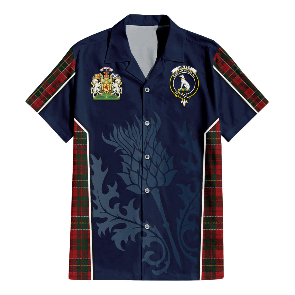 Tartan Vibes Clothing Hunter USA Tartan Short Sleeve Button Up Shirt with Family Crest and Scottish Thistle Vibes Sport Style