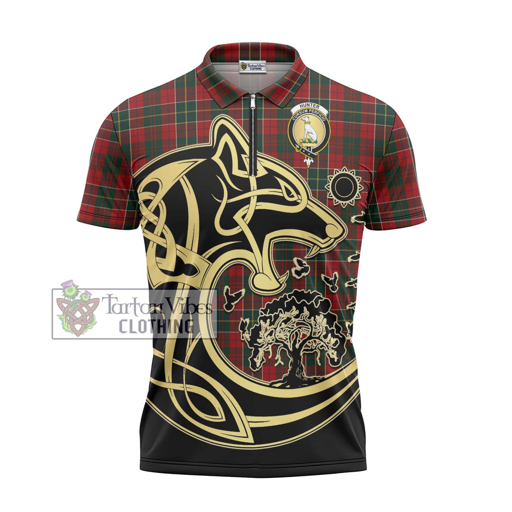 Hunter USA Tartan Zipper Polo Shirt with Family Crest Celtic Wolf Style - Tartanvibesclothing Shop