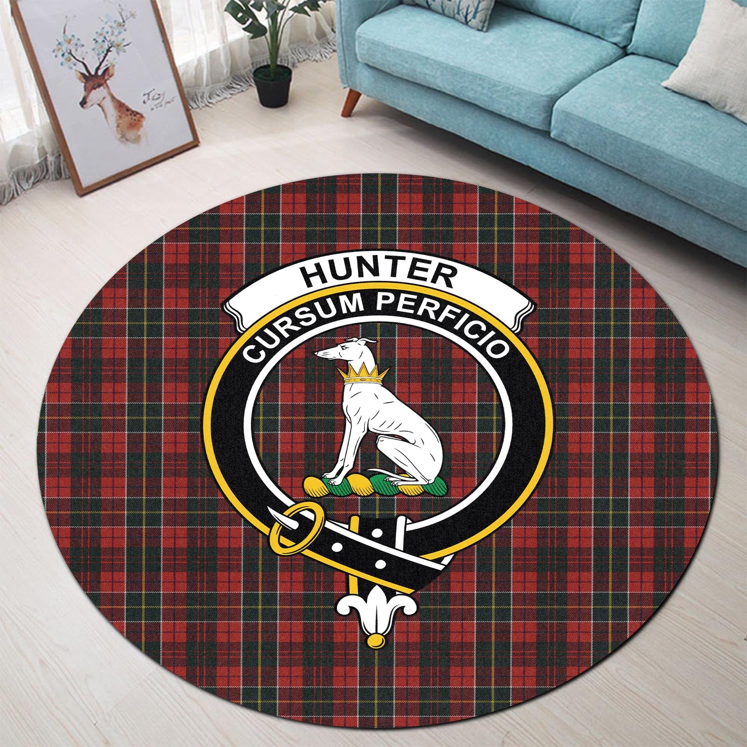 hunter-usa-tartan-round-rug-with-family-crest