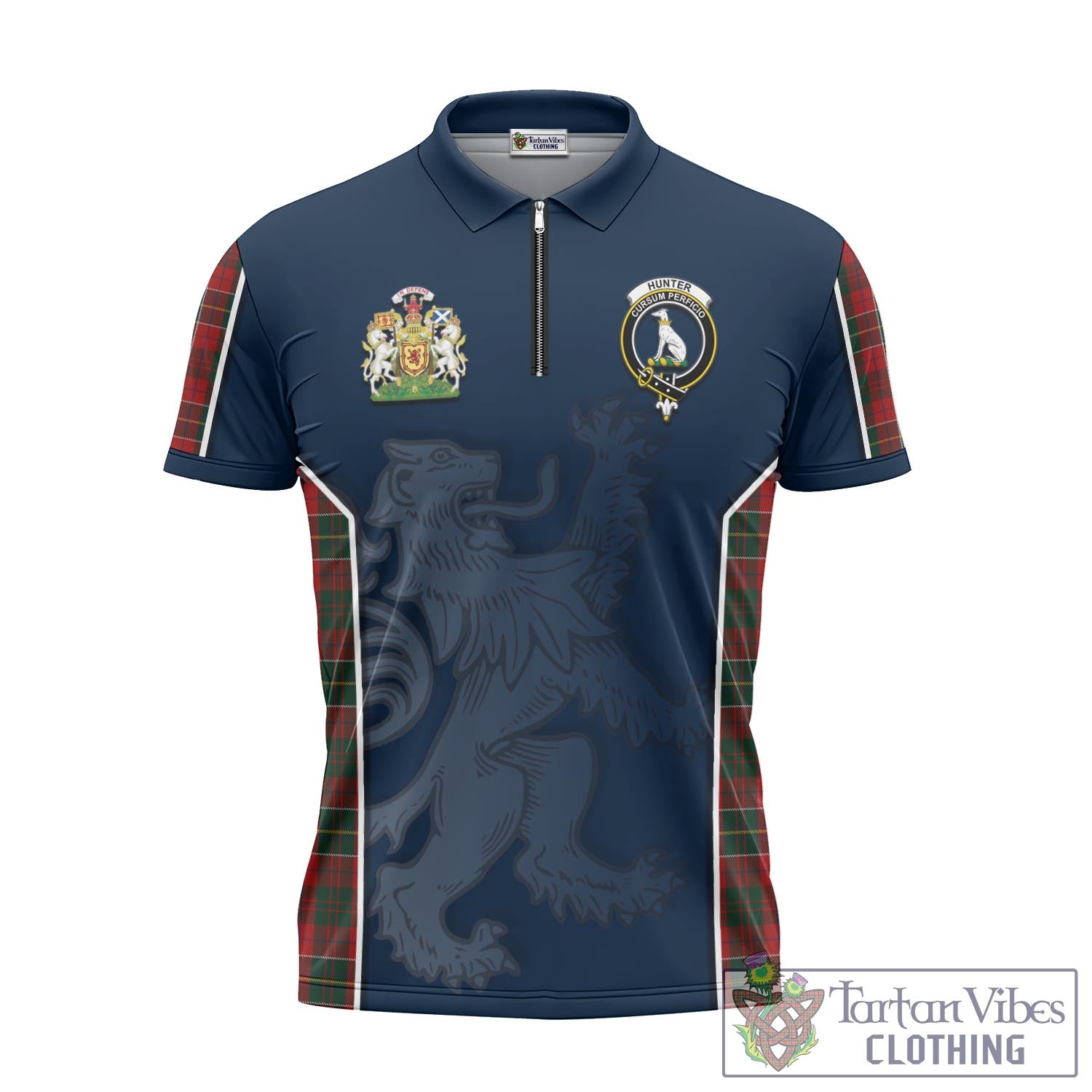 Tartan Vibes Clothing Hunter USA Tartan Zipper Polo Shirt with Family Crest and Lion Rampant Vibes Sport Style