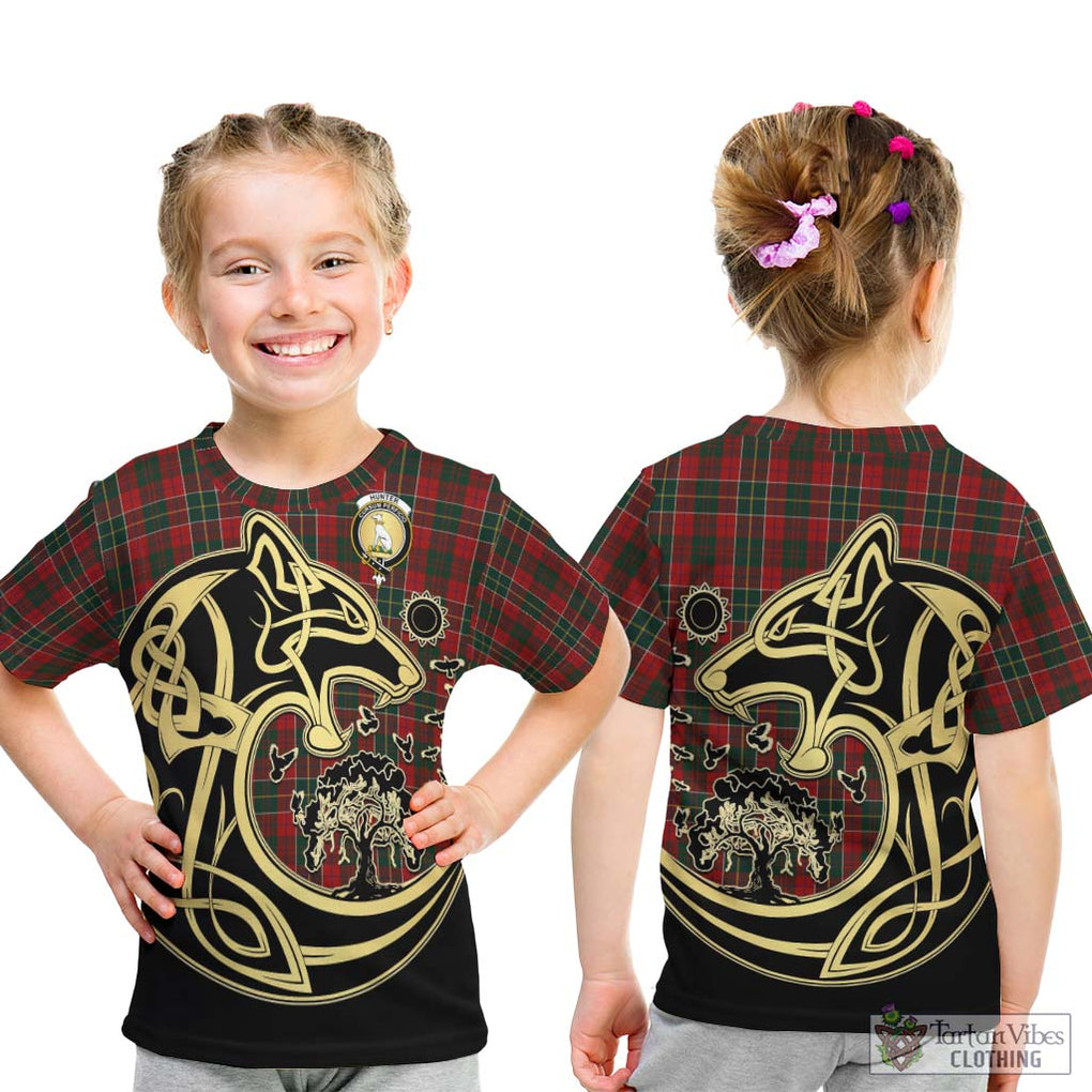 Hunter USA Tartan Kid T-Shirt with Family Crest Celtic Wolf Style - Tartan Vibes Clothing