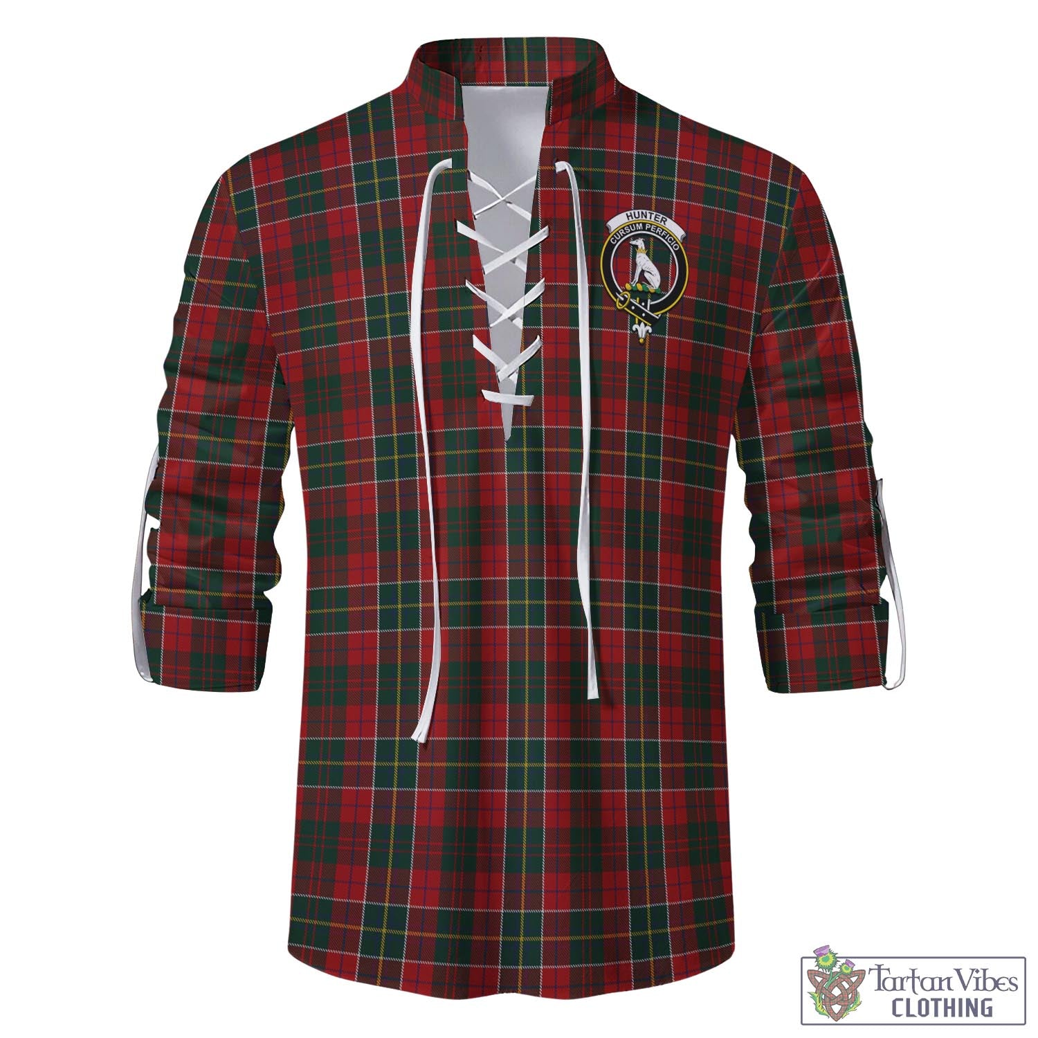 Tartan Vibes Clothing Hunter USA Tartan Men's Scottish Traditional Jacobite Ghillie Kilt Shirt with Family Crest