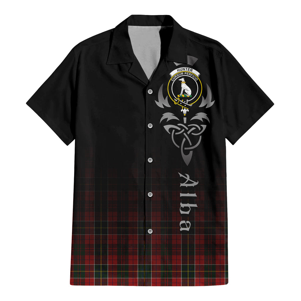 Tartan Vibes Clothing Hunter USA Tartan Short Sleeve Button Up Featuring Alba Gu Brath Family Crest Celtic Inspired