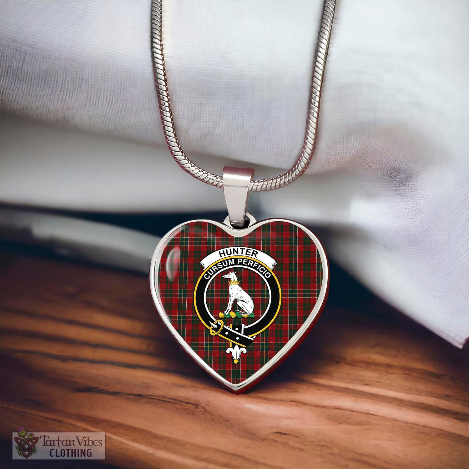 Tartan Vibes Clothing Hunter USA Tartan Heart Necklace with Family Crest