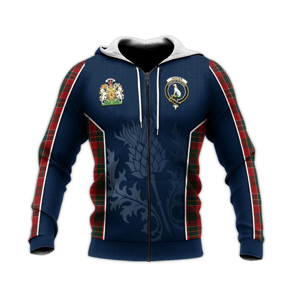 Tartan Vibes Clothing Hunter USA Tartan Knitted Hoodie with Family Crest and Scottish Thistle Vibes Sport Style