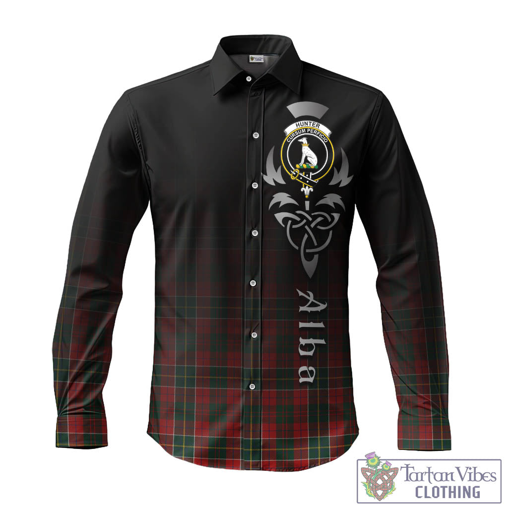 Tartan Vibes Clothing Hunter USA Tartan Long Sleeve Button Up Featuring Alba Gu Brath Family Crest Celtic Inspired