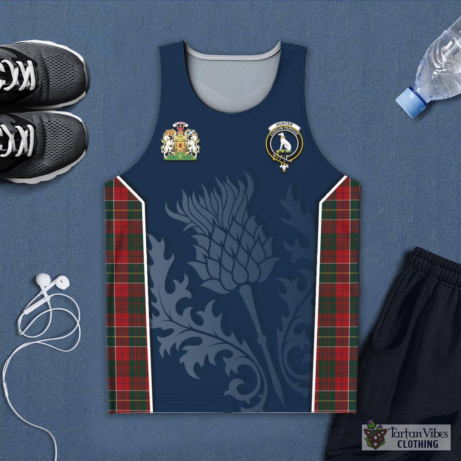 Tartan Vibes Clothing Hunter USA Tartan Men's Tanks Top with Family Crest and Scottish Thistle Vibes Sport Style