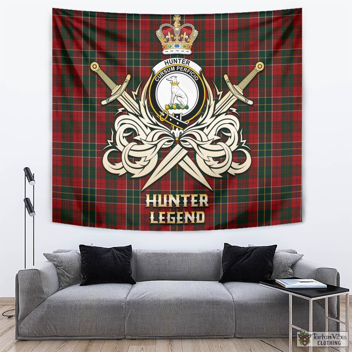 Tartan Vibes Clothing Hunter USA Tartan Tapestry with Clan Crest and the Golden Sword of Courageous Legacy