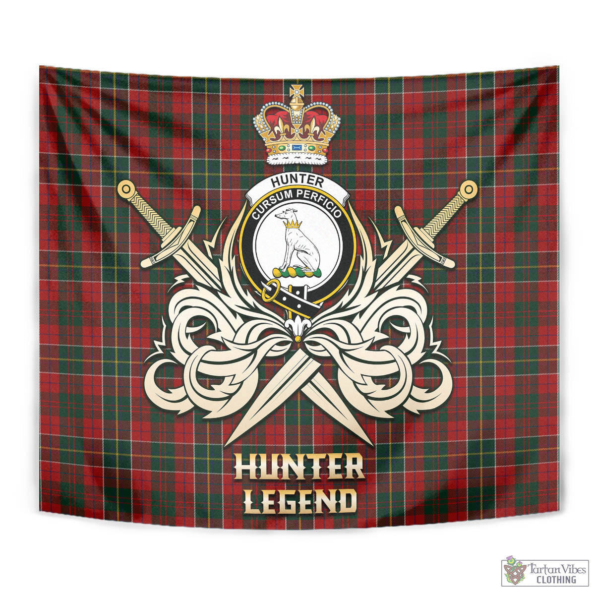 Tartan Vibes Clothing Hunter USA Tartan Tapestry with Clan Crest and the Golden Sword of Courageous Legacy