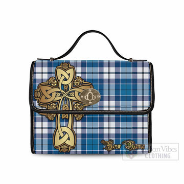 Hutton Tartan Waterproof Canvas Bag Golden Thistle Celtic Cross Style Black Leather Strap One Size 10.5*20*27cm - Tartan Vibes Clothing