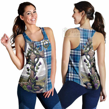 Hutton Tartan Women's Racerback Tanks with Family Crest and St. Andrew's Cross Accented by Thistle Vines