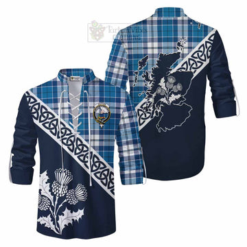 Hutton Tartan Ghillie Kilt Shirt Featuring Thistle and Scotland Map Men - Tartan Vibes Clothing