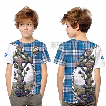 Hutton Tartan Kid T-Shirt with Family Crest and St. Andrew's Cross Accented by Thistle Vines Youth XL Size14 - Tartan Vibes Clothing