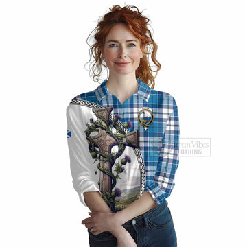 Hutton Tartan Women's Casual Shirt with Family Crest and St. Andrew's Cross Accented by Thistle Vines Female - Tartan Vibes Clothing