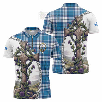 Hutton Tartan Zipper Polo Shirt with Family Crest and St. Andrew's Cross Accented by Thistle Vines