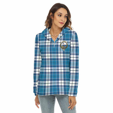 Hutton Tartan Women's Borg Fleece Hoodie with Half Zip with Family Crest Female - Tartan Vibes Clothing