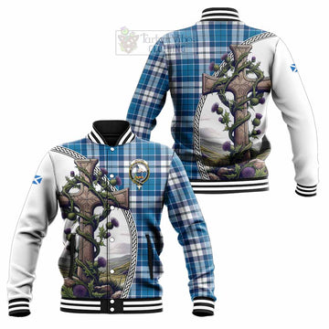 Hutton Tartan Baseball Jacket with Family Crest and St. Andrew's Cross Accented by Thistle Vines Unisex - Tartan Vibes Clothing