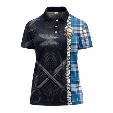 Hutton Tartan Women's Polo Shirt with Family Crest Cross Sword Thistle Celtic Vibes