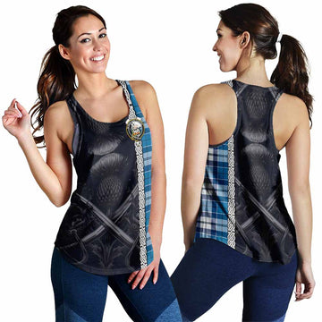 Hutton Tartan Women's Racerback Tanks with Family Crest Cross Sword Thistle Celtic Vibes