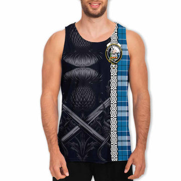 Hutton Tartan Men's Tank Top with Family Crest Cross Sword Thistle Celtic Vibes Men - Tartan Vibes Clothing