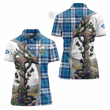 Hutton Tartan Women's Polo Shirt with Family Crest and St. Andrew's Cross Accented by Thistle Vines