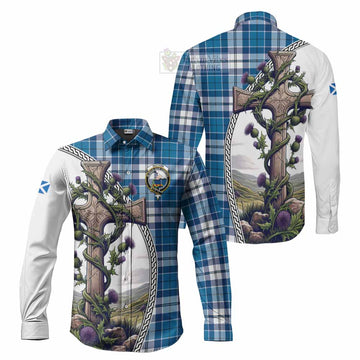 Hutton Tartan Long Sleeve Button Shirt with Family Crest and St. Andrew's Cross Accented by Thistle Vines Men's Shirt S - Tartan Vibes Clothing