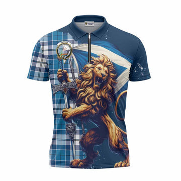 Hutton Tartan Family Crest Zipper Polo Shirt with Scottish Majestic Lion Unisex - Tartan Vibes Clothing