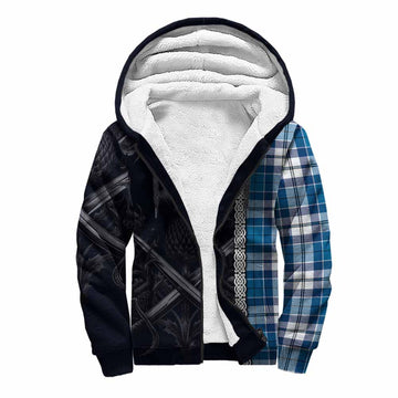 Hutton Tartan Sherpa Hoodie with Family Crest Cross Sword Thistle Celtic Vibes Unisex S - Tartan Vibes Clothing