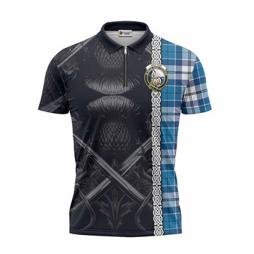 Hutton Tartan Zipper Polo Shirt with Family Crest Cross Sword Thistle Celtic Vibes