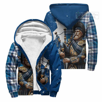 Hutton Tartan Sherpa Hoodie with Family Crest Scottish Bagpiper Vibes Unisex - Tartan Vibes Clothing