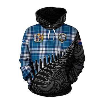 Hutton Crest Tartan Cotton Hoodie with New Zealand Silver Fern Half Style Pullover Hoodie XS - Tartan Vibes Clothing