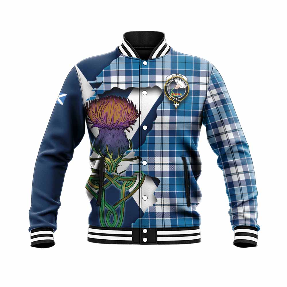 Hutton Tartan Family Crest Baseball Jacket Scottish Thistle Celtic Inspired Unisex - Tartan Vibes Clothing