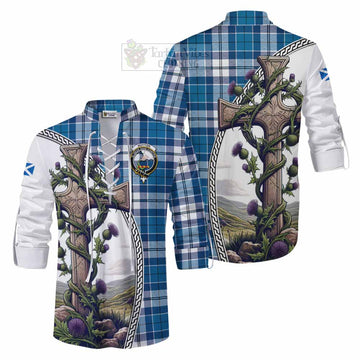 Hutton Tartan Ghillie Kilt Shirt with Family Crest and St. Andrew's Cross Accented by Thistle Vines Men - Tartan Vibes Clothing