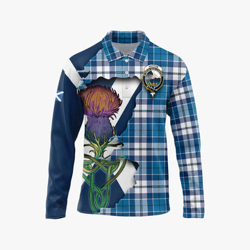 Hutton Tartan Family Crest Long Sleeve Polo Shirt Scottish Thistle Celtic Inspired Unisex - Tartan Vibes Clothing