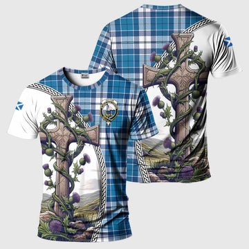 Hutton Tartan T-Shirt with Family Crest and St. Andrew's Cross Accented by Thistle Vines Kid's Shirt - Tartan Vibes Clothing