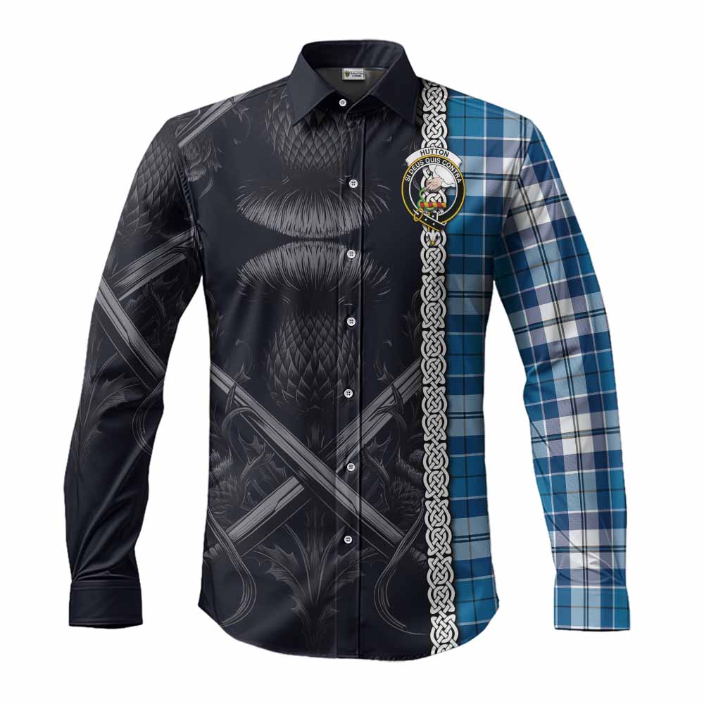 Hutton Tartan Long Sleeve Button Shirt with Family Crest Cross Sword Thistle Celtic Vibes Men's Shirt S - Tartan Vibes Clothing