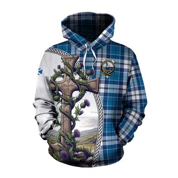 Hutton Tartan Cotton Hoodie with Family Crest and St. Andrew's Cross Accented by Thistle Vines Pullover Hoodie XS - Tartan Vibes Clothing