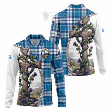 Hutton Tartan Long Sleeve Polo Shirt with Family Crest and St. Andrew's Cross Accented by Thistle Vines Unisex - Tartan Vibes Clothing