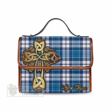 Hutton Tartan Waterproof Canvas Bag Golden Thistle Celtic Cross Style Brown Leather Strap One Size 10.5*20*27cm - Tartan Vibes Clothing