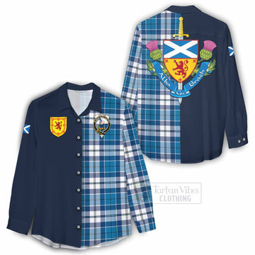 Hutton Tartan Women's Casual Shirt Alba with Scottish Lion Royal Arm Half Style - Tartan Vibes Clothing