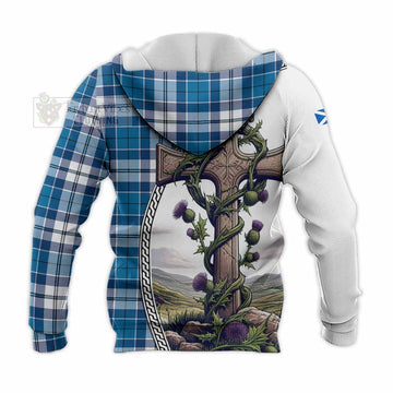 Hutton Tartan Knitted Hoodie with Family Crest and St. Andrew's Cross Accented by Thistle Vines - Tartan Vibes Clothing