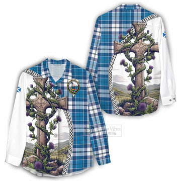Hutton Tartan Women's Casual Shirt with Family Crest and St. Andrew's Cross Accented by Thistle Vines - Tartan Vibes Clothing