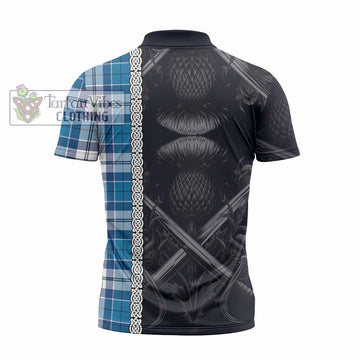 Hutton Tartan Zipper Polo Shirt with Family Crest Cross Sword Thistle Celtic Vibes