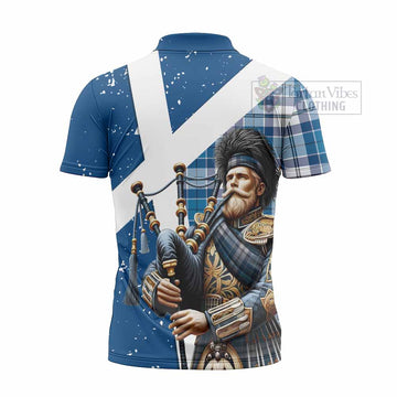 Hutton Tartan Zipper Polo Shirt with Family Crest Scottish Bagpiper Vibes